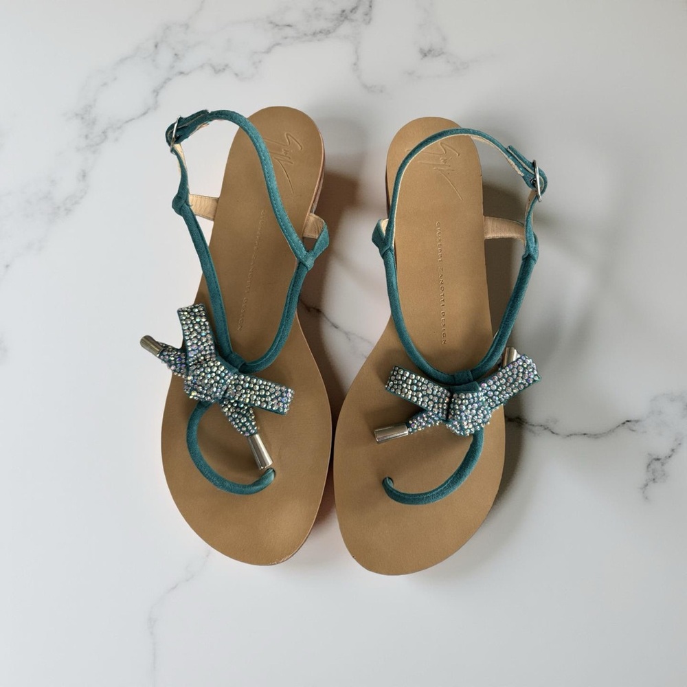 Giuseppe Zanotti Teal Blue Sandals with crystal studded bows